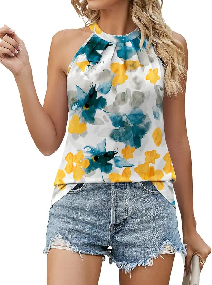 Ivicoer Tank Top for Women Pleated High Neck Halter Tops Casual Sleeveless Shirts Loose Fit S-XXL