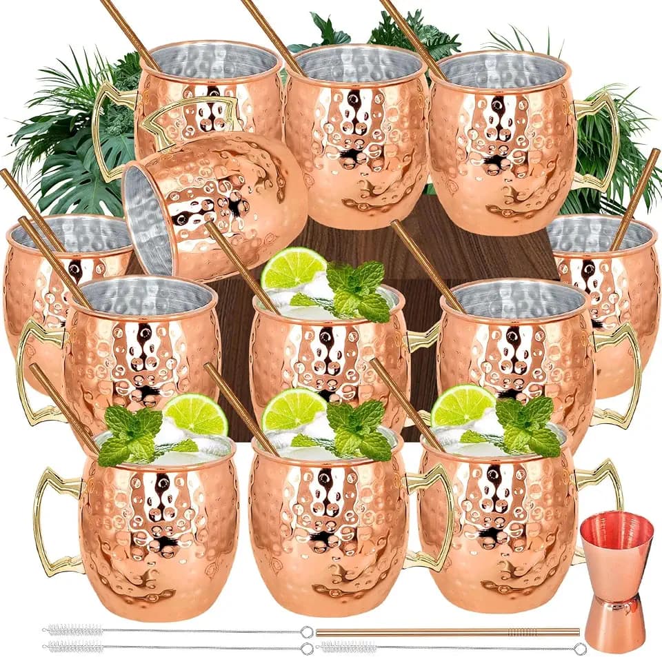 Moscow Mule Mugs Set of 12 Plated Copper Mule Mugs 18oz Bulk Large Hammered Stainless Steel Cups with 1pcs 0.5oz Double Jigger 12pcs Stainless Steel Straws for Cold Chilled Drinks Cocktails
