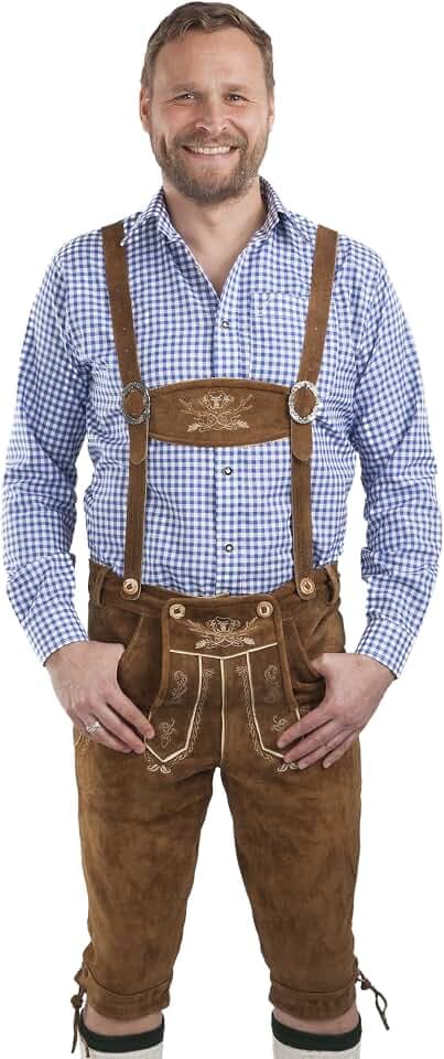 Schöneberger Trachten Couture Herren Lederhose Kniebund - Trachtenlederhose Hopfen und Malz - Echtleder Kniebundlederhose inkl. Hosenträger