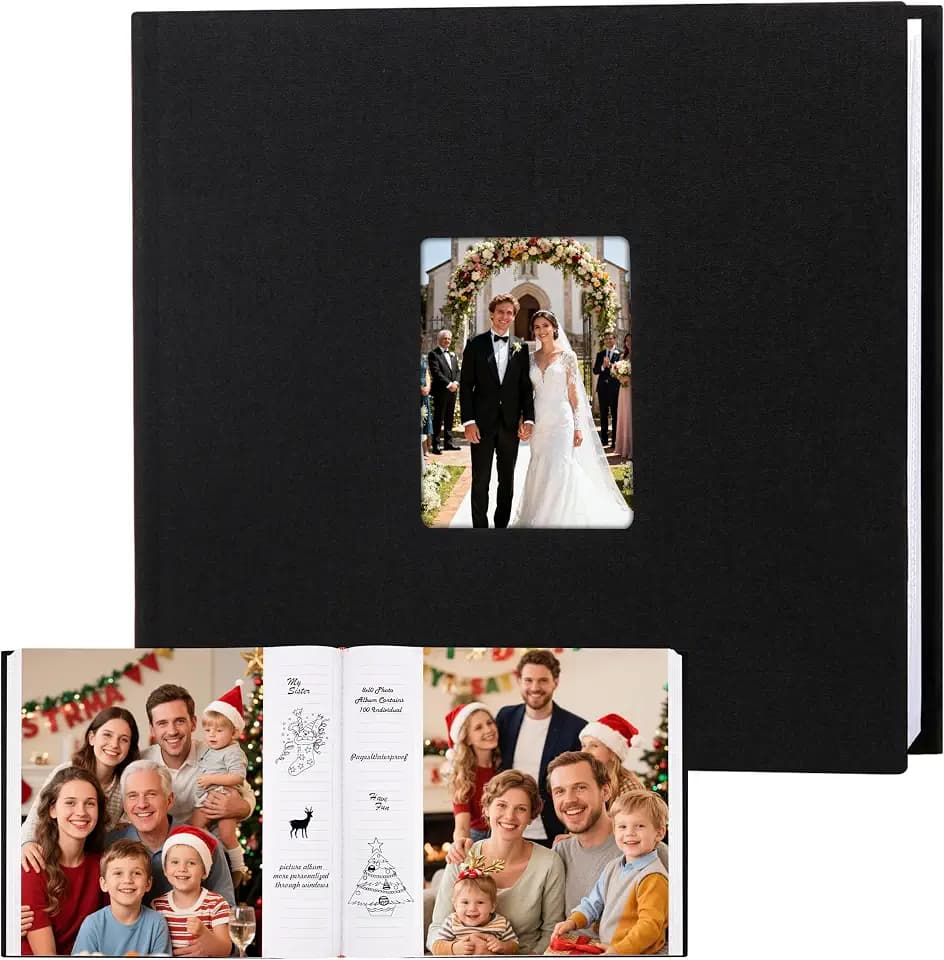 Aevdor 8x10 Photo Album, 100 Pockets, Linen Cover, Writing Space, Black