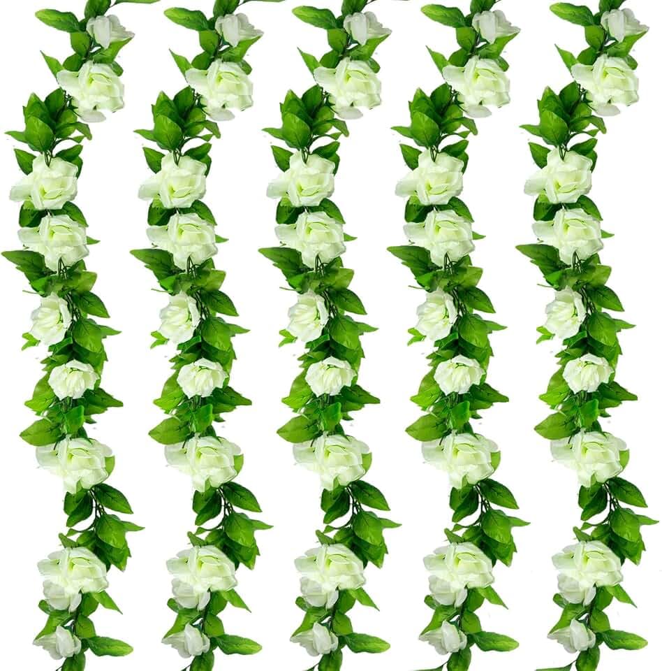 Huryfox Künstliche Blumen Girlanden - 5 Stränge 230cm Lange Kunstblumen Reben für Dekorationen, Künstlicher Weißer Rosen Blumen Bogen mit Realistischem Design für Indoor/Outdoor Hochzeiten, Partys
