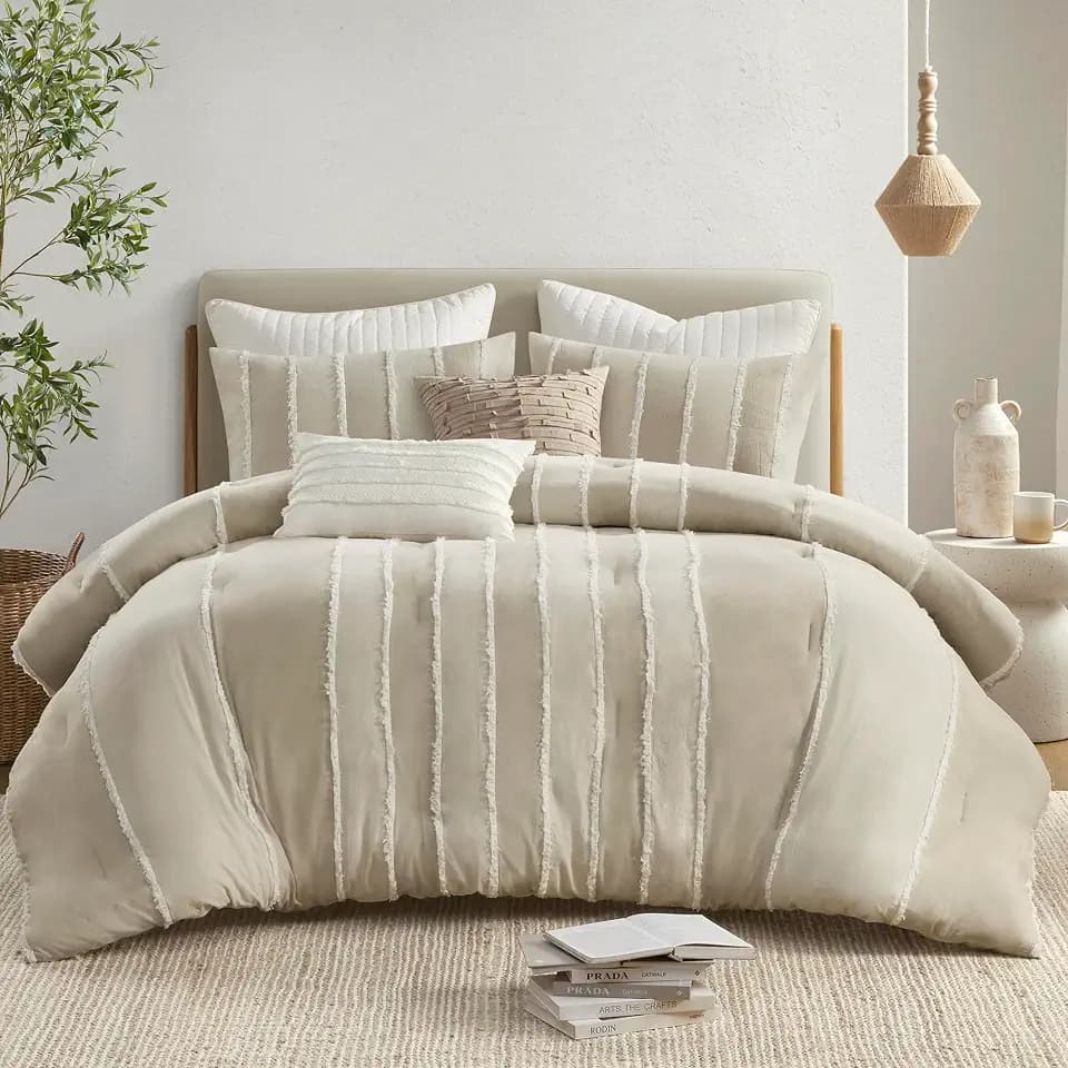 Ink+Ivy Queen Comforter Set Boho Comforters Stripes, Clipped Jacquard, Cotton Comforter for Queen Size Bed, All Season Poly Fill Lightweight Queen Bedding & Shams, Shay, Full/Queen, Taupe 3 Piece