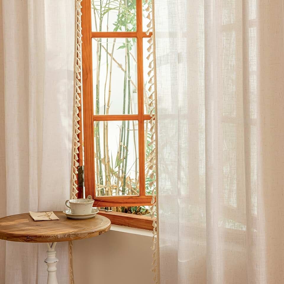 MYSKY HOME Natural Macrame Curtains 96 Inch Length for Living Room, Farmhouse Bohemian Vintage Back Tab，Light Filtering Privacy Protect Drapes for Bedroom, 50" W×96" L, Natural, 2 Panels