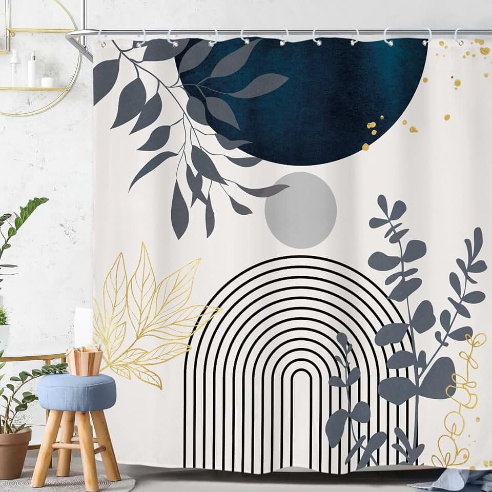 Boho Navy Blue Mid Century Modern Abstract Gold Bathroom Shower Curtain Set