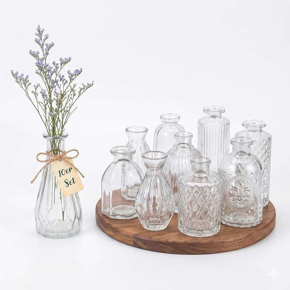 Relaxdays Vasen, 10er Set, strukturiert, Vintage-Design, Glas, H: 10–14,7 cm, kleine Dekovasen für Tischdeko, Farbwahl
