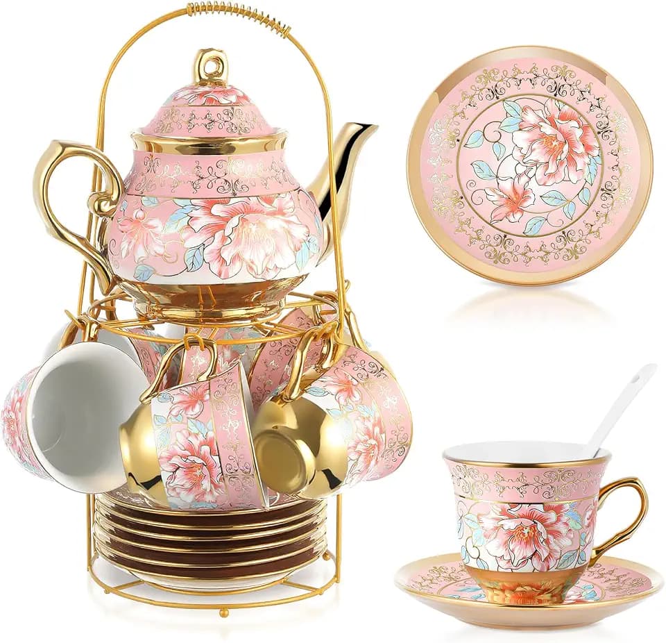 Zhehao 20 Pcs Porcelain Tea Set for Adult, with Metal Holder, Pink