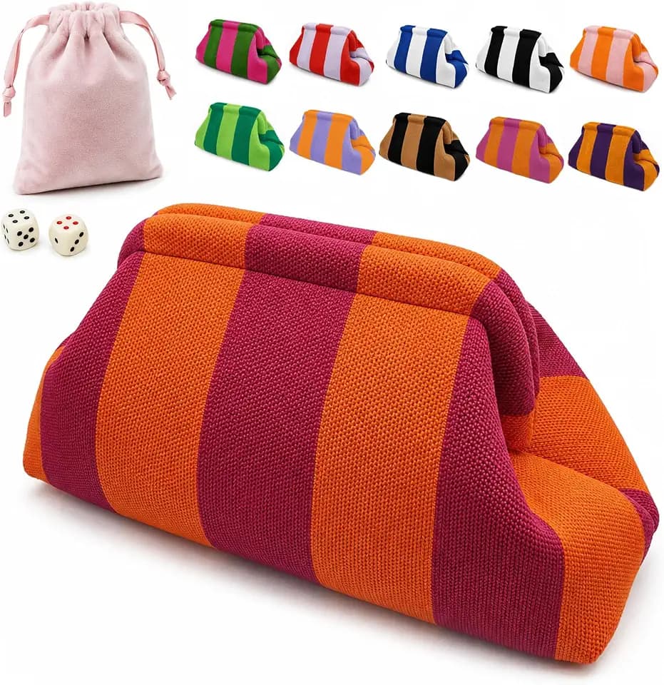 Mahjong Tile Bag with Dice Pouch, Crochet Woven Clutch, Orange & Burgundy