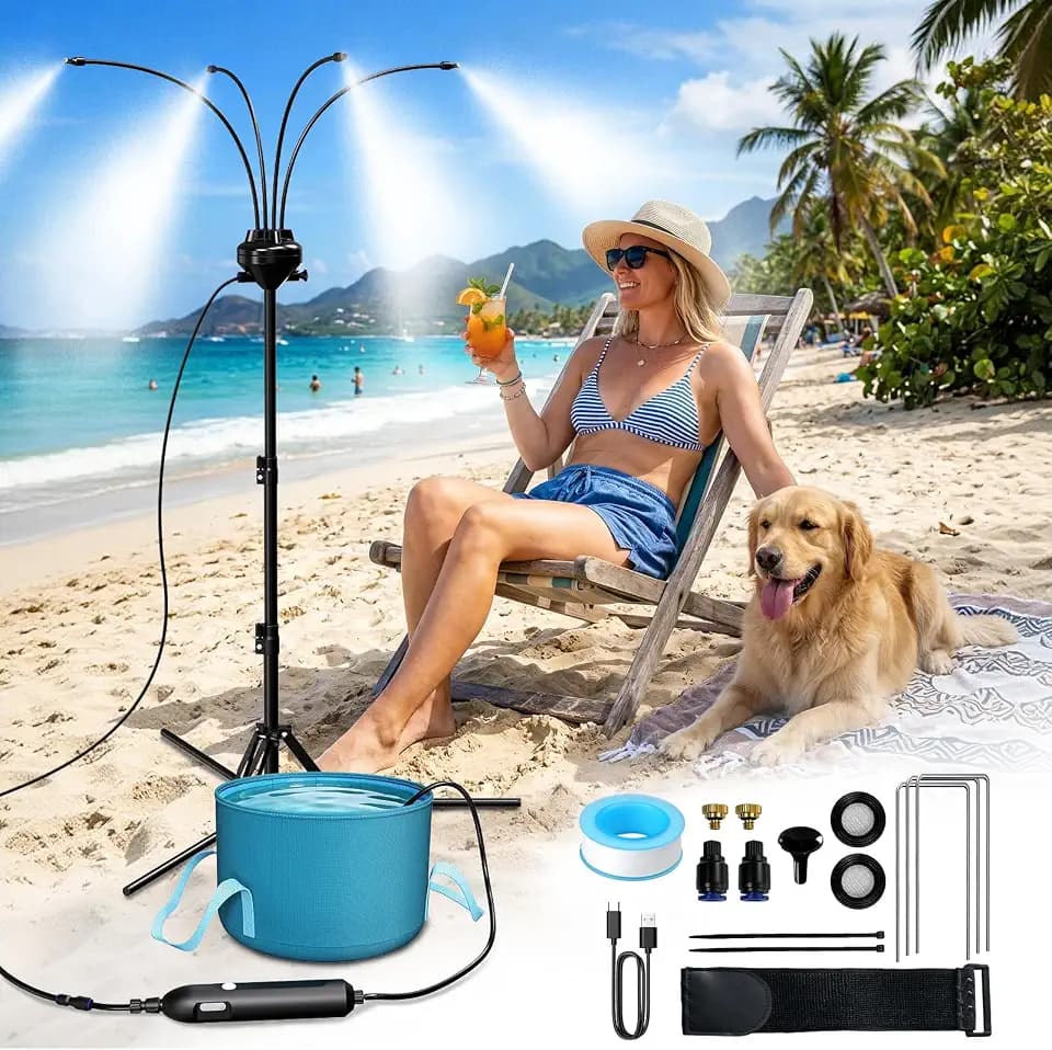 5.3FT Standing Misters for Outside Patio,Portable Misting Cooling System with 12L Bucket,Booster Pump,26.5FT Water Line & 6 Brass Nozzles,Adjustable Height Water Mister for Patio, BBQ, Pool