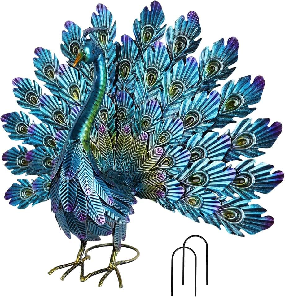 YEAHOME Garden Decor Outdoor Statues, 22.4" Large Metal Peacock Standing Yard Art, Blue Green Bird Lawn Sculptures Garden Decor for Outside Patio Porch Backyard