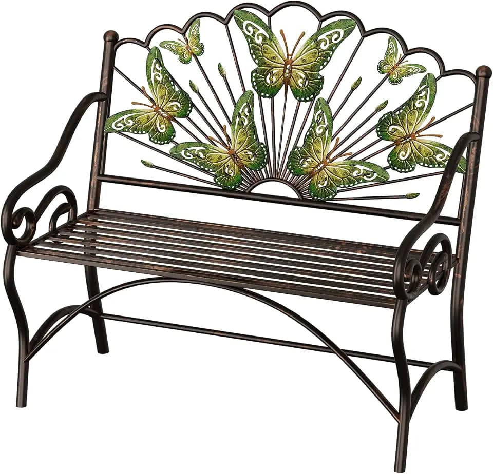 39.7" Arched Back Garden Bench, Metal Outdoor Bench with Scalloped Butterfly Pattern Backrest, Heavy Duty Patio Loveseat with Armrests & Slatted Seat for Front Porch, Backyard, Lawn & Park, Black