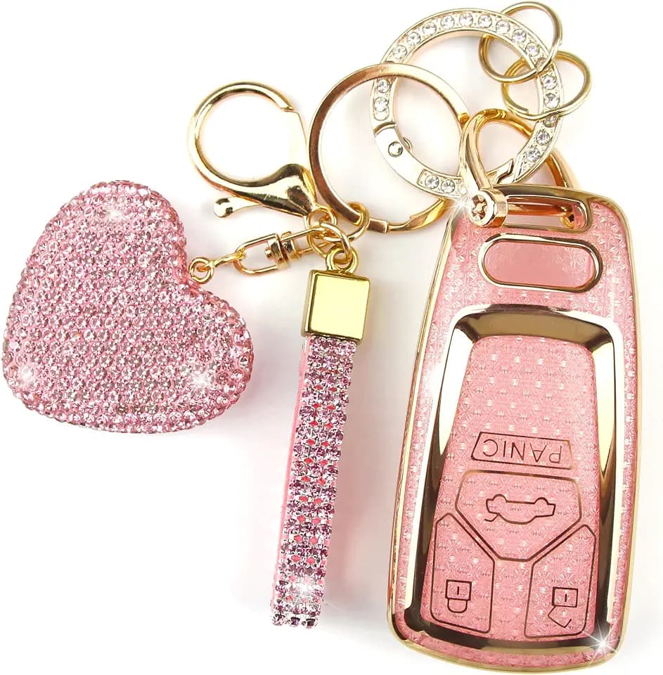 Key Fob Cover with Diamond Keychain Fit for Audi Car Key Holder Compatible with Audi A4 A5 A6 A7 A8 /S4 S5 S8 SQ5 SQ7/RS4 RS5 R8 TTRS TTS TT/B9 C8 D5 F5 Q2 Q5 Q7/FY 4M FV, 4 Buttons (Pink)