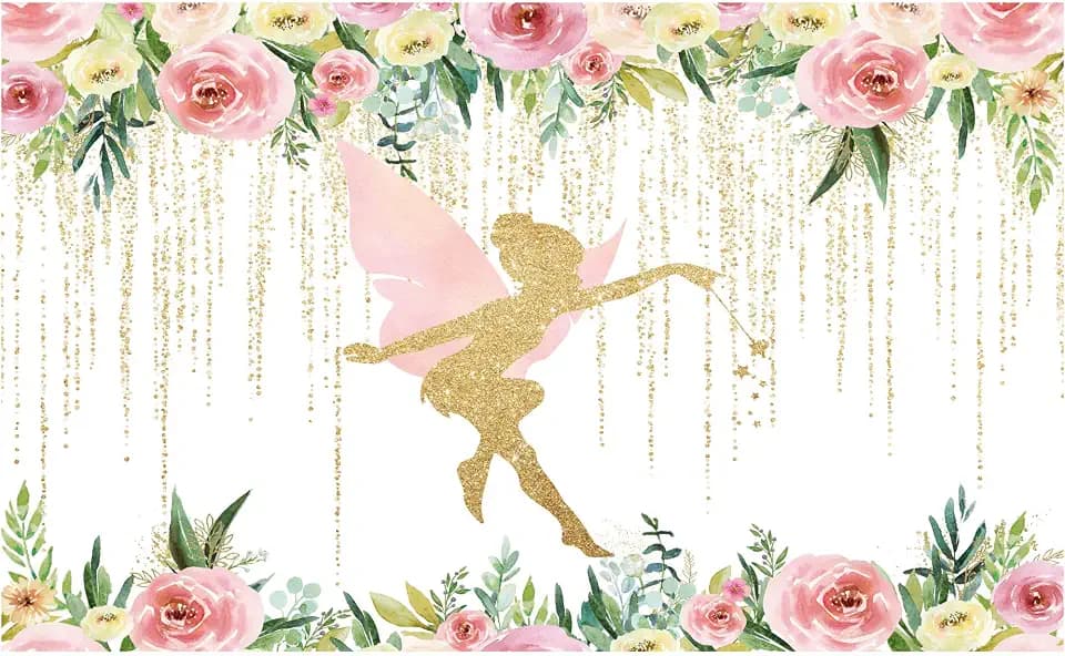 Funnytree Floral Fairy Birthday Party Backdrop for Photography Pink and Gold Fairy Tale Tea Flowers Wonderland Princess Girl Baby Shower Background Decoration Banner Supplies Photo Booth