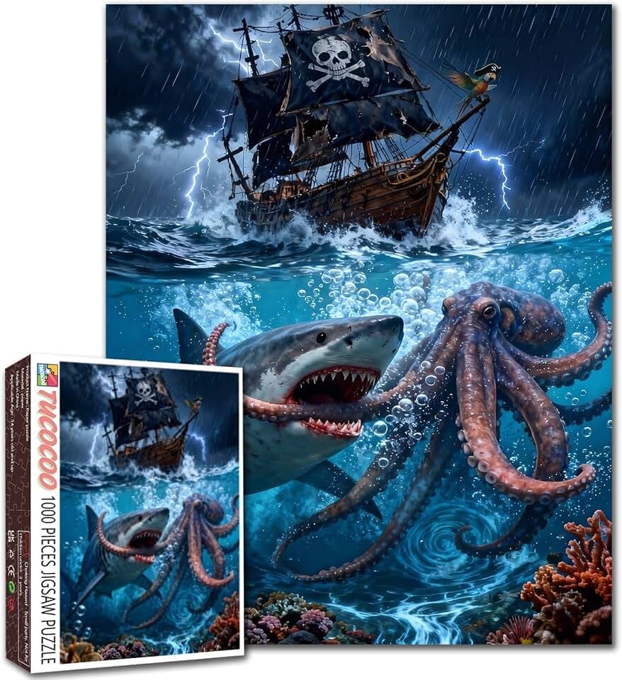 Pirate Ship with a Skull Jigsaw Puzzles 1000 Pieces for Adults,Families(Terrifying Megalodon Shark,Octocpus,Parrot,Fantasy Boat) Pieces Fit Together Perfectly 19.7''x27.6''inch Seascape Puzzle Art