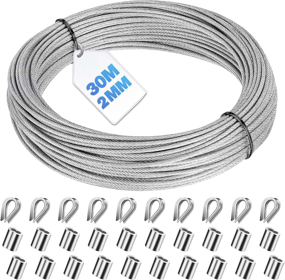 30m Edelstahl Stahlseil Ummantelt Kit, 2mm Drahtseil Rankhilfe Spanndraht mit M2 Aluminium-Crimpschlaufenhülsen und Stahlkauschen zum Aufhängen, Bündeln, Garten-Draht für Kletterpflanzen