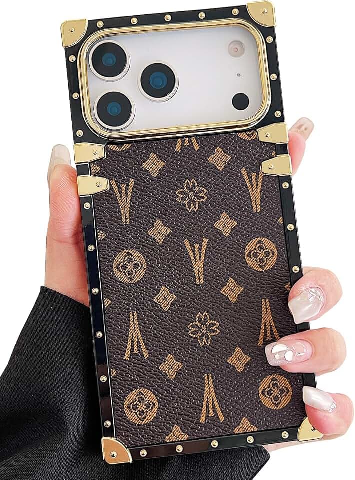 Compatible with iPhone 17 Pro Case Luxury Designer for Women Girls,Rectangle Edge PU Leather + Soft TPU Anti Drop Camera Protective Phone Cover for iPhone 17 Pro - 6.3 inch (Brown)
