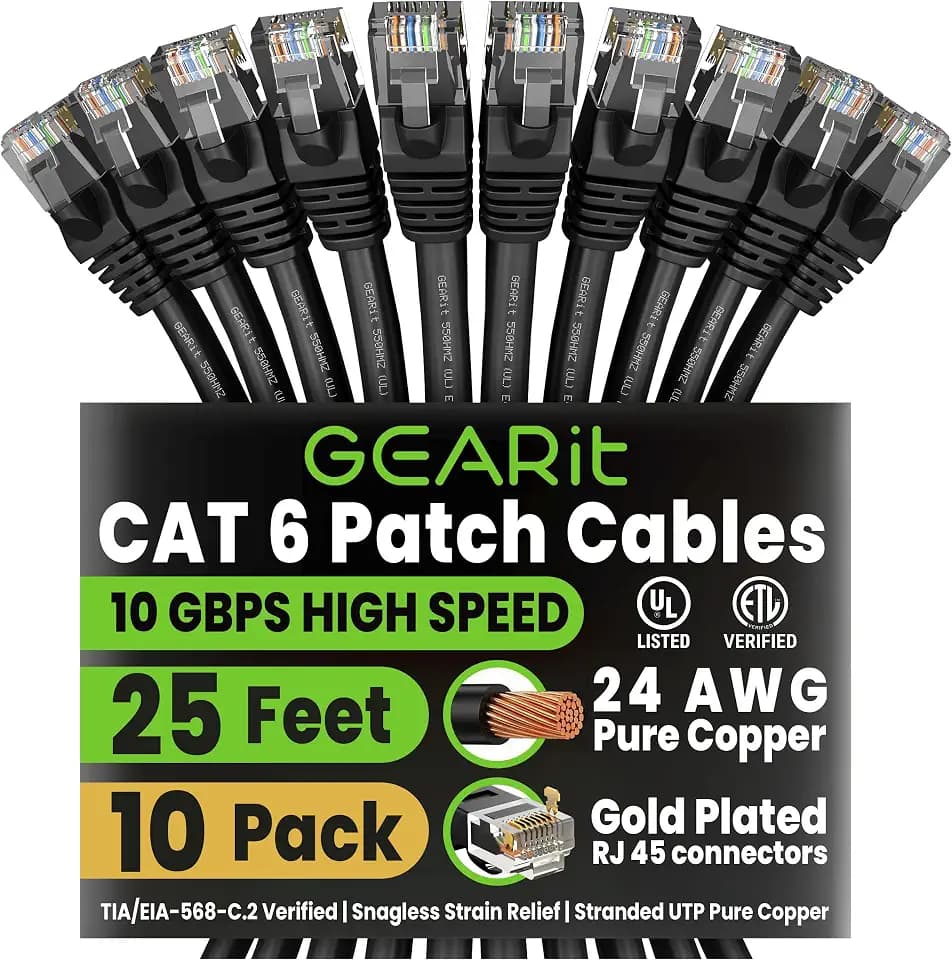 GEARit Cat6 Patch Cables Cat 6 Ethernet Cable 25 ft 10-Pack Black