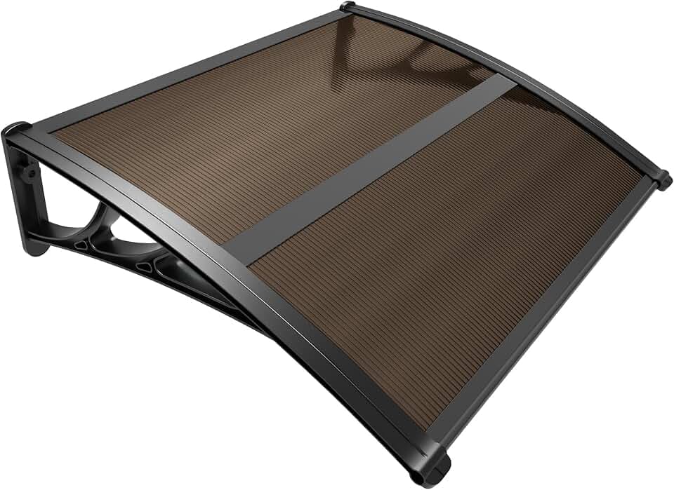 VOUNOT® Vordach für Haustür 100 x 80 cm, Überdachung Haustür aus Aluminium und Polycarbonat, Pultbogenvordach, Pultvordach mit Mittelstange, Braun