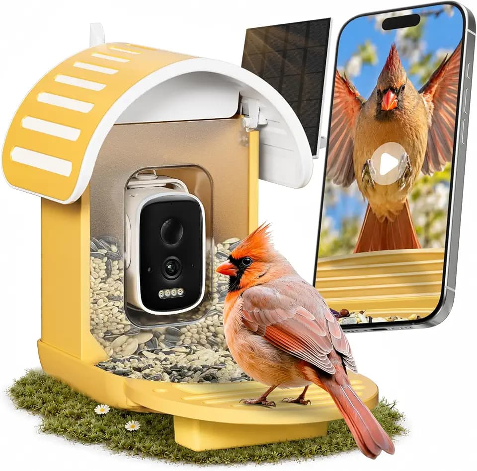 Smart Bird Feeder with Camera Solar Powered, 2.5K UHD Video, Yellow
