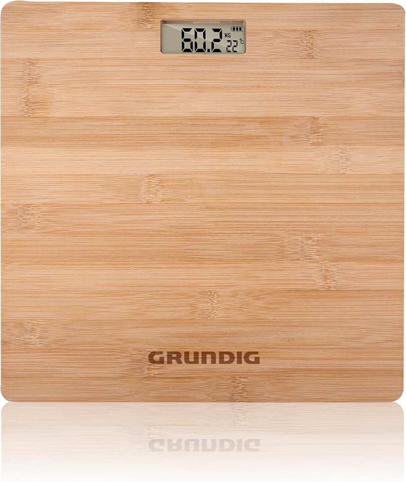 Grundig Personenwaage – Digitale Personenwaage aus Bambus – Körperwaage mit LCD Display – Digitalwaage bis 180 kg – Einheiten in kg, lb und st – 28x28 cm