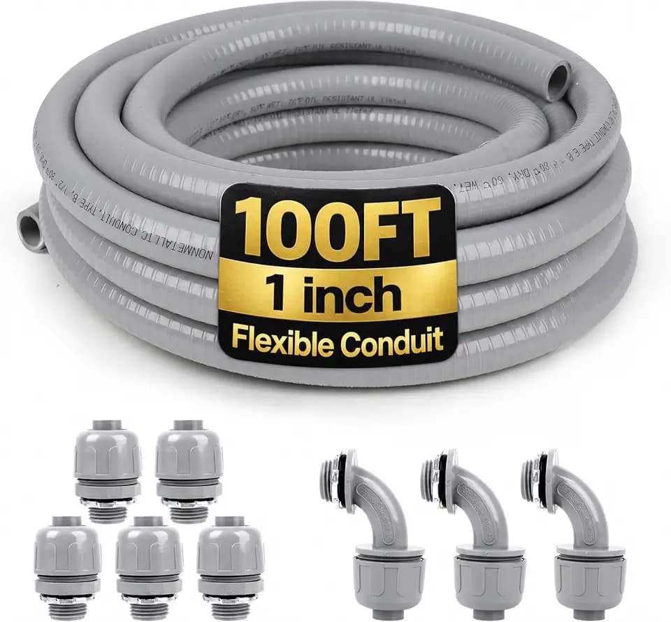 1 inch 100ft Liquid-Tight Conduit and Connector Kit,Flexible Non-Metallic Liquid Tight Electrical Conduit Kit with 5 Straight and 3 90-Degree Connector Fittings,OD 1.28 Inch