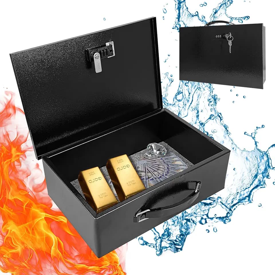 YIYITOOLS Fireproof Lock Box, Dual Combination & Key Lock Safe Box, Black