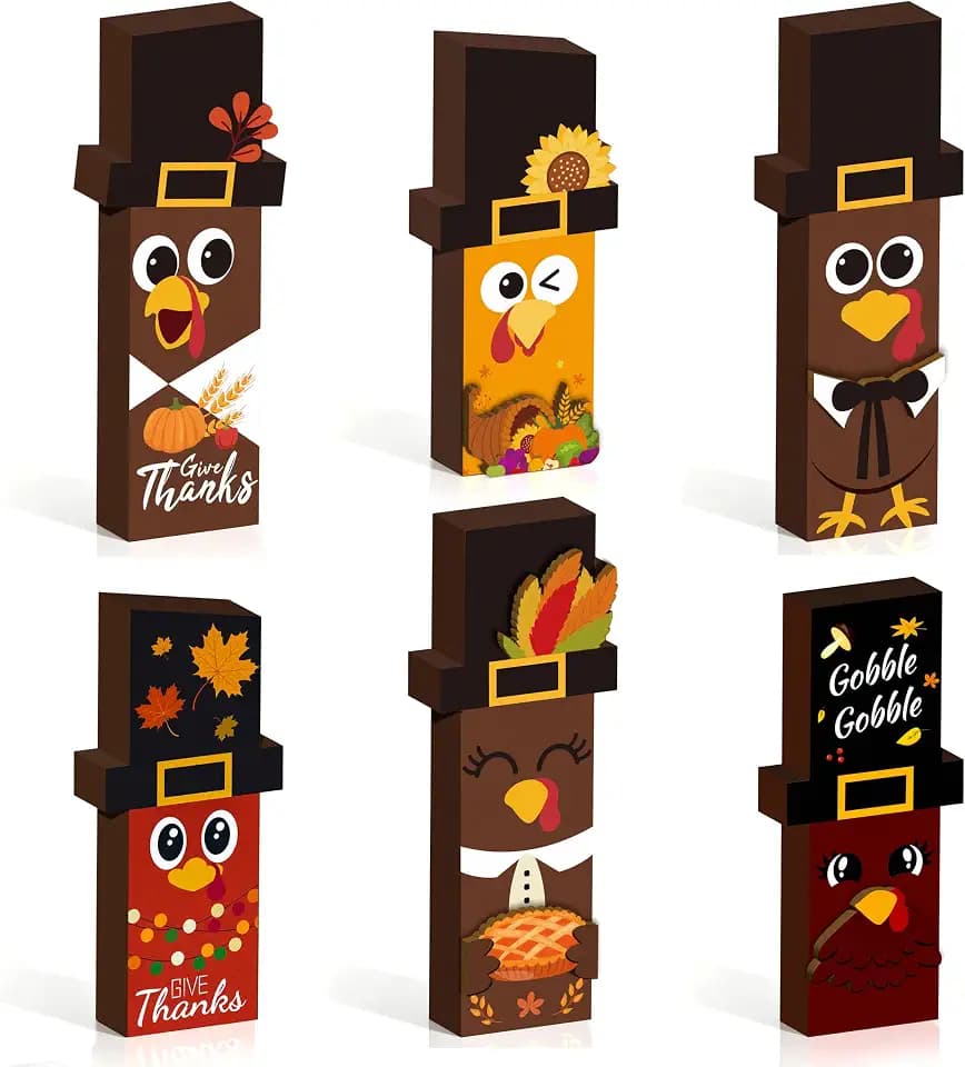 6Pcs Thanksgiving Turkey Decorations, Fall Centerpiece Table Decor 3D Sign