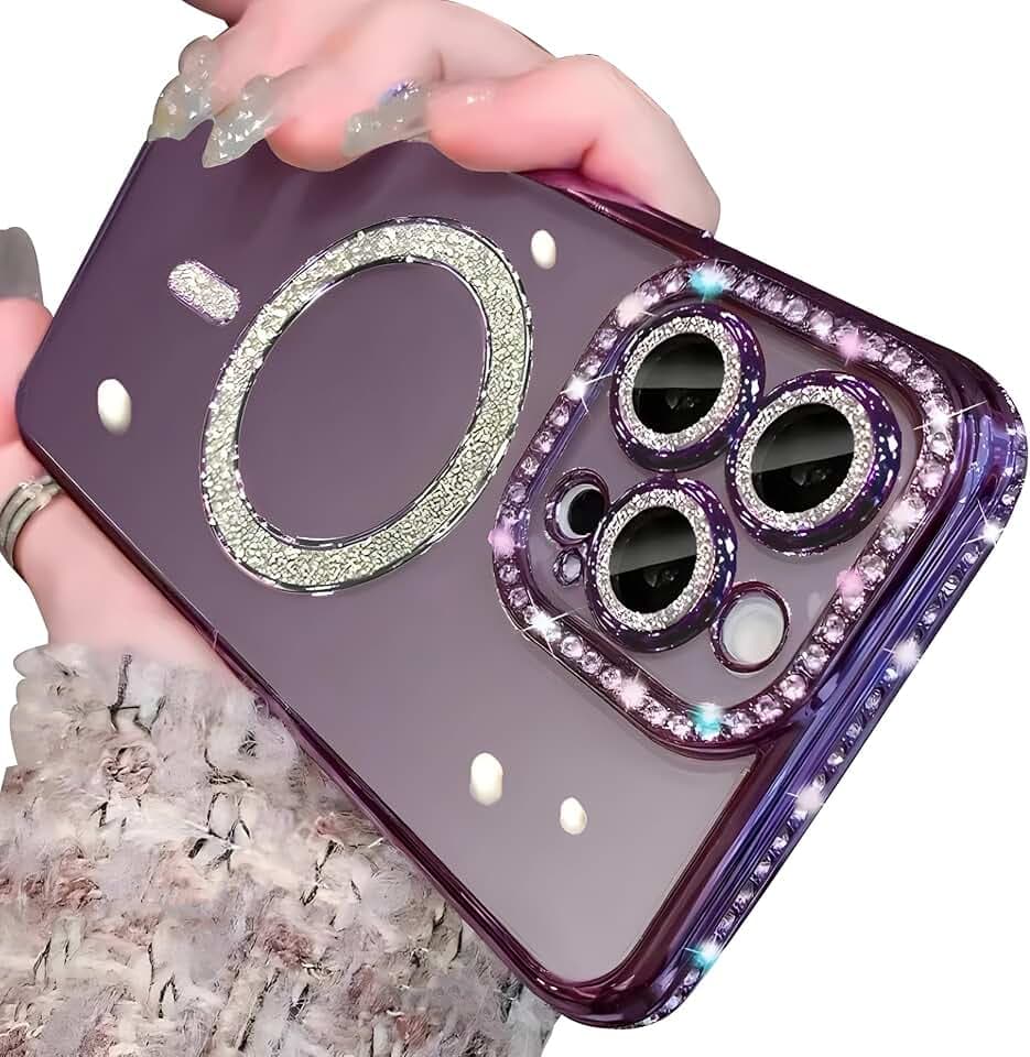 Hülle für iPhone 14 Plus, Magnetische Rhinestone Handyhülle für Frauen Mädchen Bling Durchsichtig Silikon Schutzhülle Stoßfest Bumper Kratzfest Luxus Case für iPhone 14 Plus, Violett