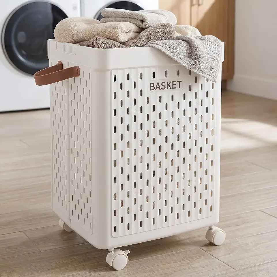 Lavish Home Plastic Laundry Basket with Wheels, White, 65L