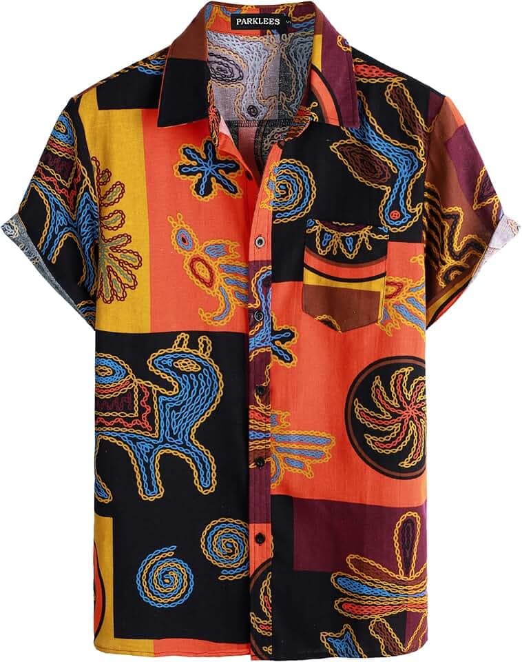 PARKLEES Herrenhemd aus Baumwollleinen, 70er-Jahre-Stil, Vintage-Muster, lässig, kurzärmelig, Retro-Shirt