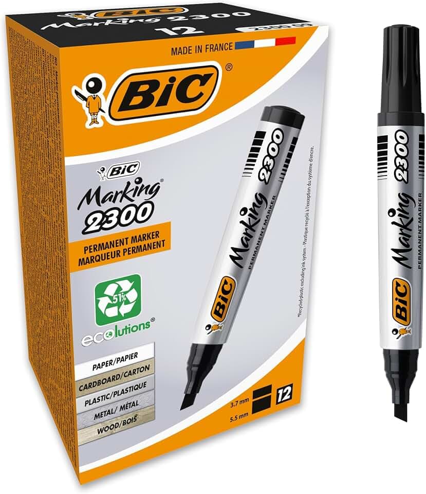 BIC Marking 2300 Permanent Marker, in Schwarz, Wasserfester Stift auch für Karton, Glas und Kunststoff, Strichstärke 3.7 mm, 12er Pack