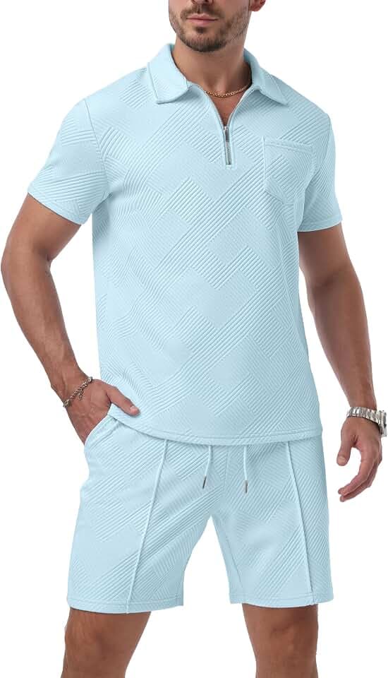 QIXING Herren Sommer Outfit 2-Teiler Polo Hemd & Shorts Set Halbreißverschluss Freizeit Anzug Kurz 2026