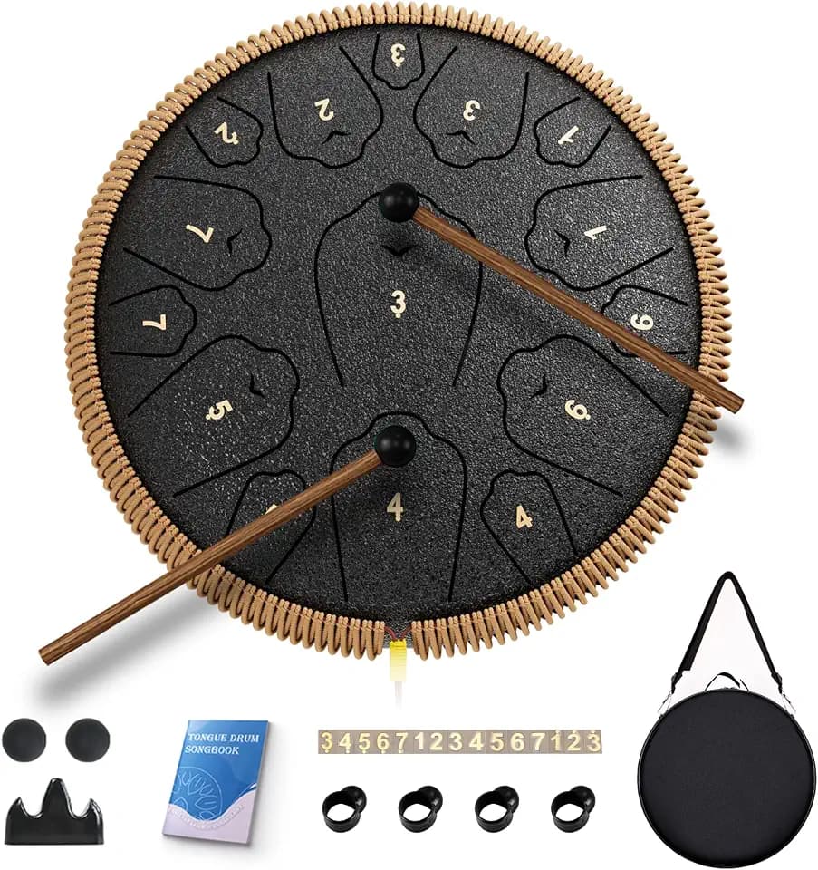 Steel Tongue Drum, 13 Inch 15 Notes Tongue Drums, C Major 440 Hz Drum Percussion Instruments, Handpan Drums with Music Book, Drum Mallets and Carry Bag (Black)