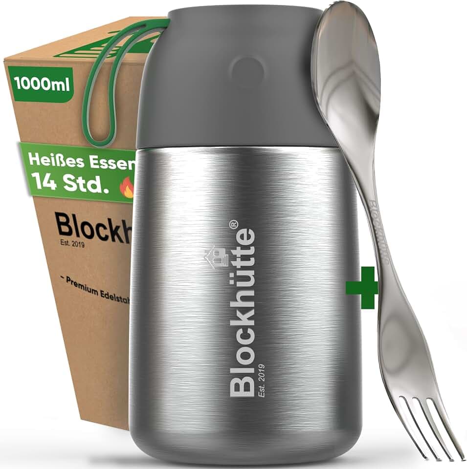 Blockhütte Thermobehälter für Essen 1 Liter Edelstahl, Warmhaltebehälter Essen mit Reinigungsbürste, Warmhalteschüssel mit Doppelwandiger Isolierung, Thermo Lunchbox Erwachsene