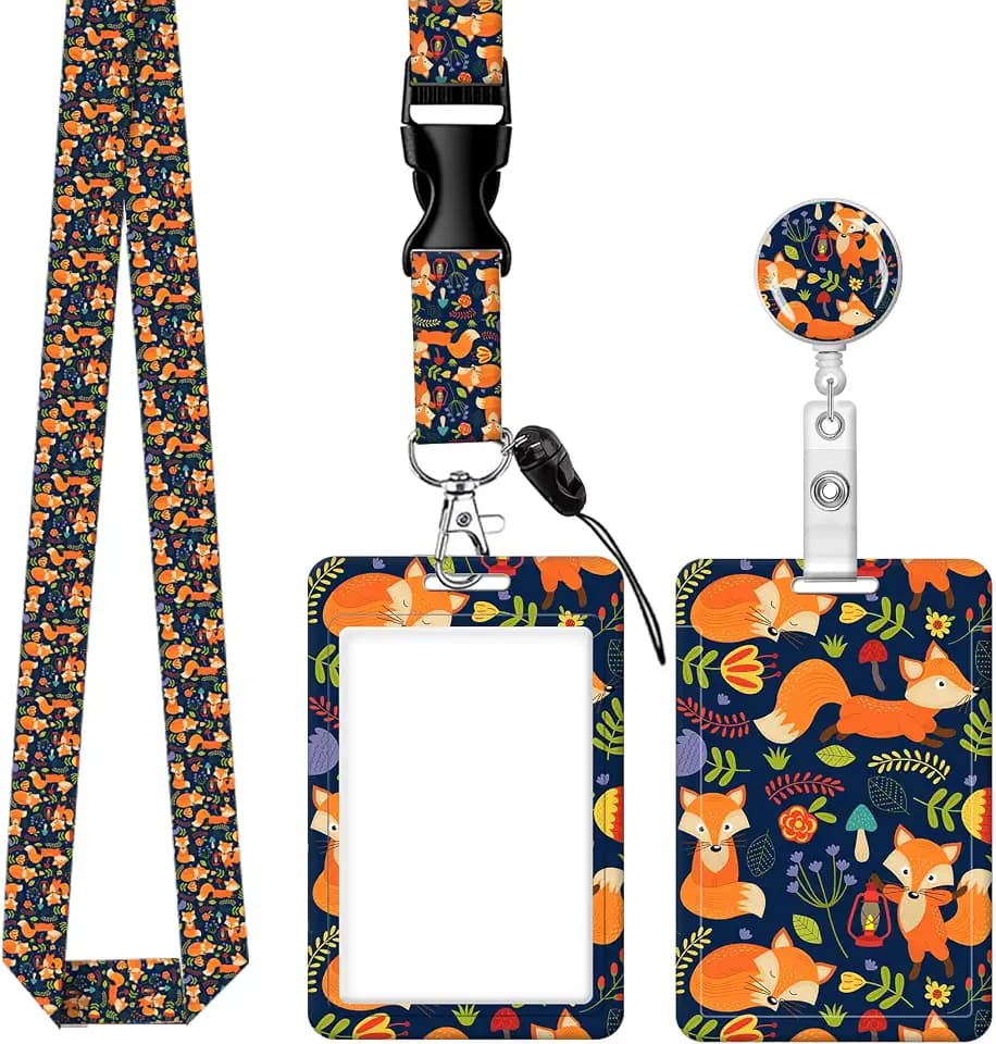BLOCIT ID Badge Holder with Lanyard - Fashionable ID Card Holders with Retractable Lanyards - Soft Fiber Metal Clip Sturdy Buckle for Key Wallet - Work Nurse Teacher (Cute Flower Fox)