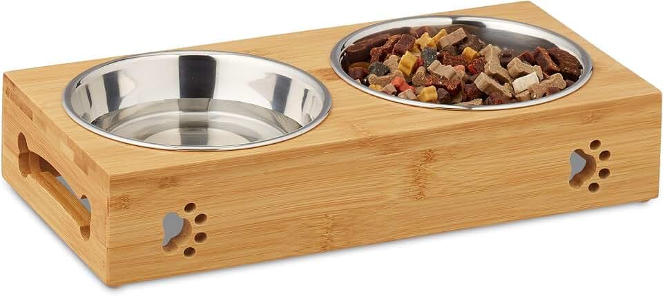 Relaxdays Futterbar für kleine Hunde, 2 Näpfe V je 300 ml, erhöht, Bambus & Edelstahl, HBT: 6,5x31,5x15 cm, Natur/Silber, 1 Stück 10028859