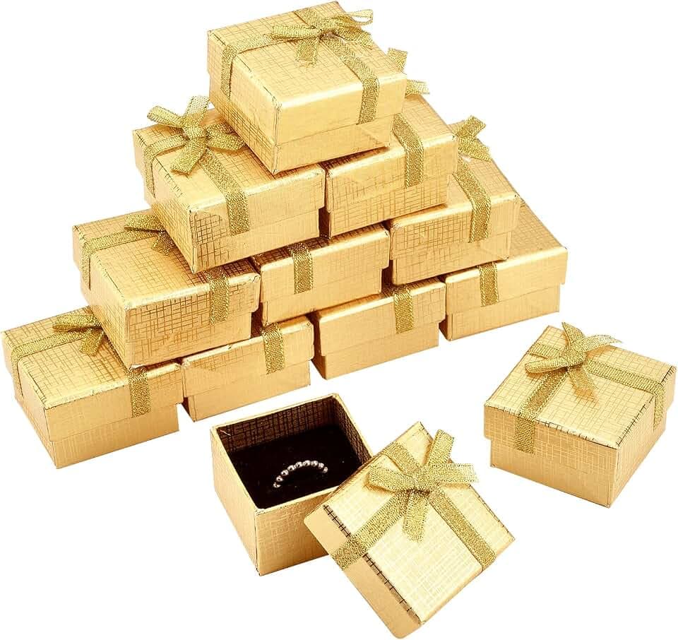 PH PandaHall 12pcs Jewelry Gift Box, 1.9x1.9x1.2 Cardboard Gift Boxes Square Golden Ring Box Earring Necklace Package Box Case with Sponge Bowknot for Wedding Proposal Birthday Valentine's Day