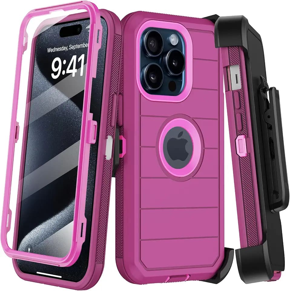 for iPhone 15 Pro Case with Belt Clip Holster,Built-in Screen Protector,Heavy Duty Shockproof Drop Protection Military Grade 3 Layers Rugged Phone Cover with Kickstand for Apple 15pro 6.1” (Burgundy)