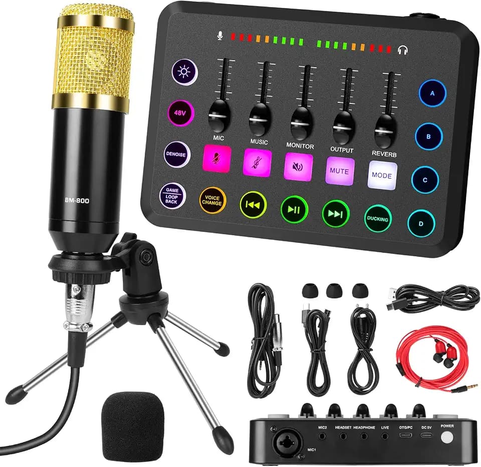 OFFCUP Podcast Equipment Set Mischpult Audiomixer mit Stativ Kondensator Mikrofon USB C Audiointerface für PC Laptop Telefon Pad, Live Soundkarte für Live-Streaming Gesang YouTube und Gaming