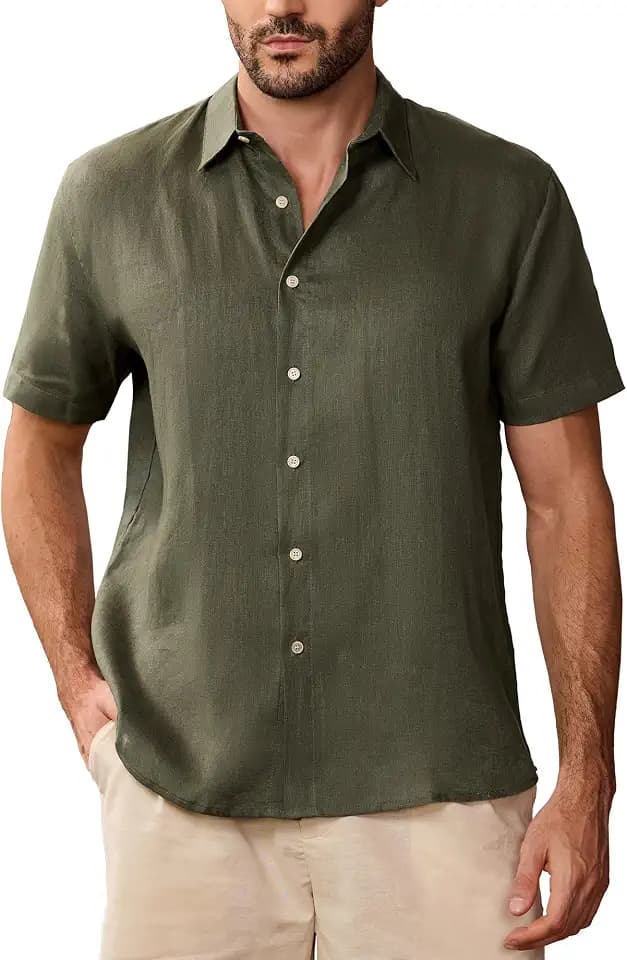 Kallspin Men's 100% Linen Button Down Shirts Casual Short Sleeve Tops Collared Summer Beach Shirts