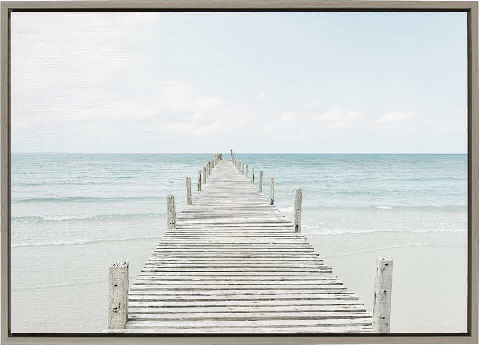 Kate and Laurel Sylvie Wooden Pier On The Beach Framed Canvas by Amy Peterson, 23x33 Gray, Coastal Calming Wall Decor for Your Living Room, Bedroom, Or Bathroom