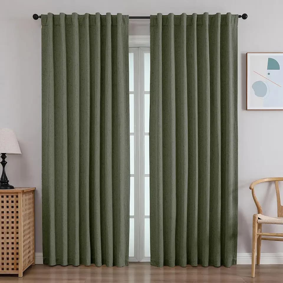 Faux Linen Blackout Curtains 84 Inches Long, Bedroom, Olive Green