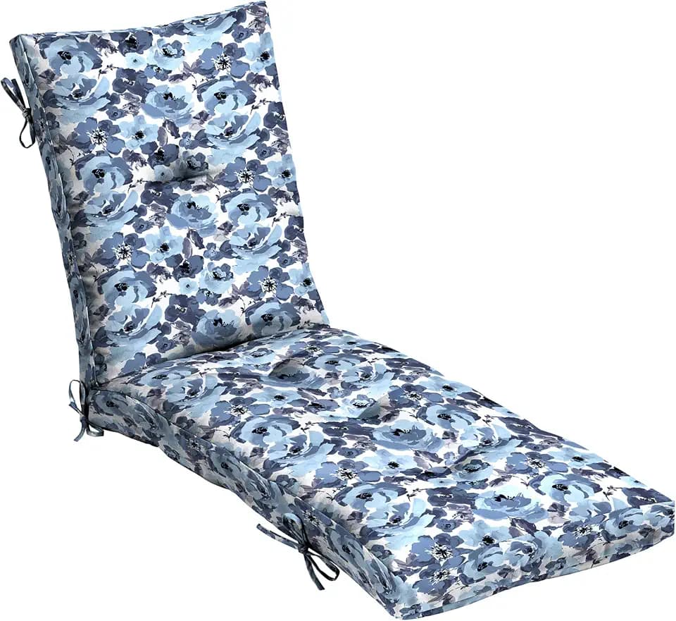 Arden Outdoor Plush Modern Tufted Chaise Cushion, 76 x 22, Rain-Proof, Fade Resistant, Tufted Cushion for Chaise Lounger Blue Garden Floral