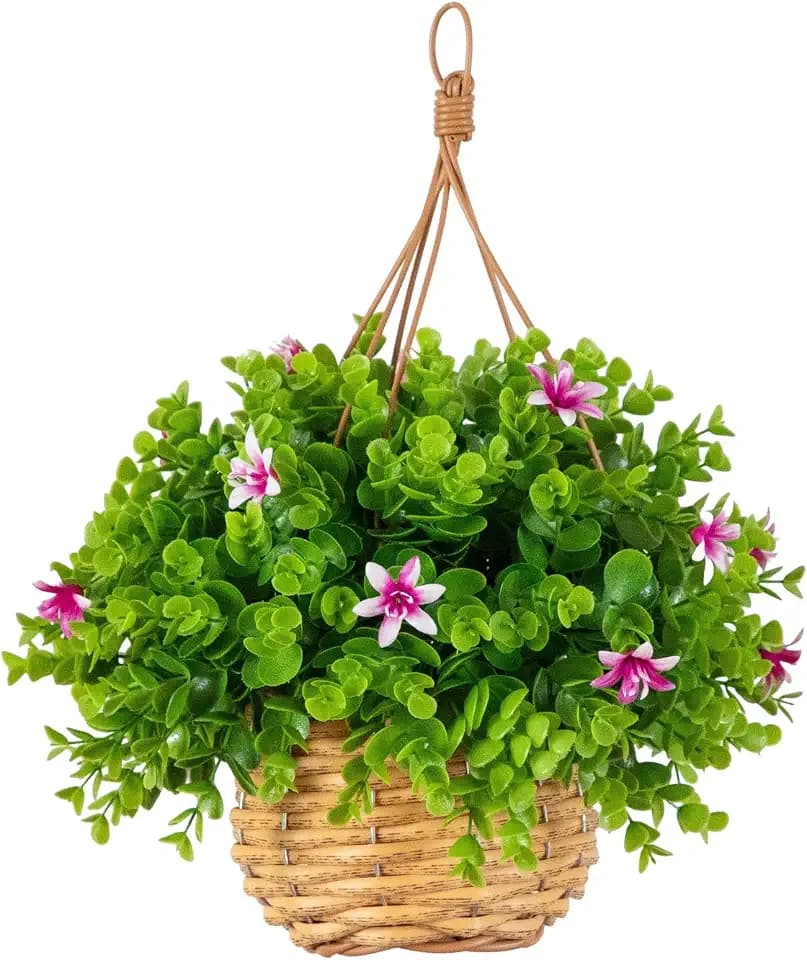 Nearly Natural 13 in UV-Resistant Lily and Eucalyptus Hanging Basket