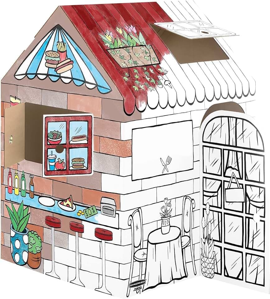 BANKERS BOX AtPlay -Treats & Eats Pappspielhaus für Kinder - Colour-In Craft Cafe Design - FSC-Zertifiziert & 100% recycelbar - Kreative Indoor-Spielhaus Spielzeug XL (81.3 x 81.3 x 121.3cm) Alter 3+