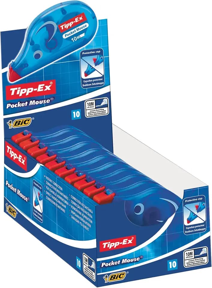 Tipp-Ex Korrekturroller Pocket Mouse mit Schutzkappe, 10 m x 4,2 mm, 10er-Pack, ideal für das Büro, das Homeoffice oder die Schule