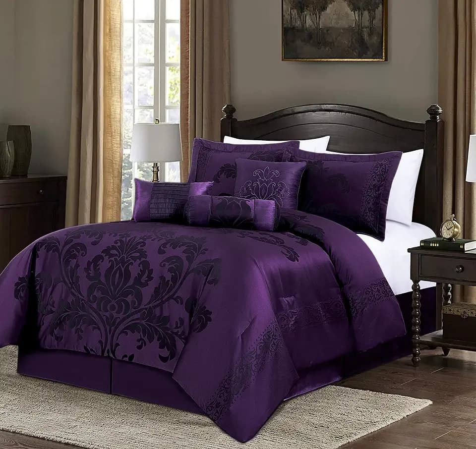 Chezmoi Collection 7-teiliges Jacquard-Bettwäsche-Set mit Blumenmuster (California King-Size, Violett/Dunkelviolett)