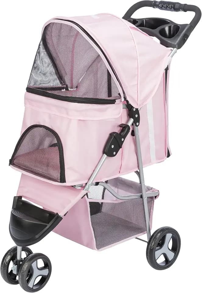 Trixie Foldable Pet Stroller for Cats and Dogs, Pet Carrier Strolling Cart with Weather Cover, Storage Basket, Cup Holder, Pink