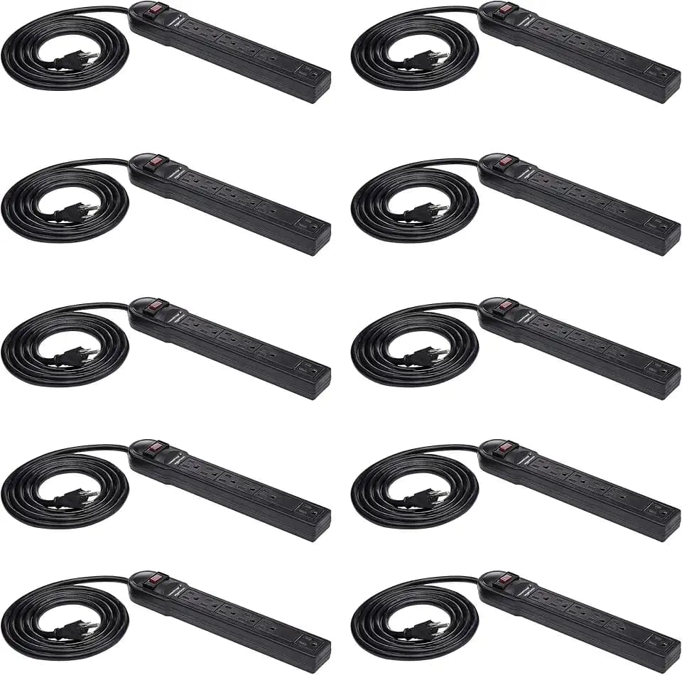 Amazon Basics Surge Protector Power Strip, 6-Outlet, 790 Joules, Circuit Breaker, LED Indicator, 6ft Extension Cord, Black, 10-Pack