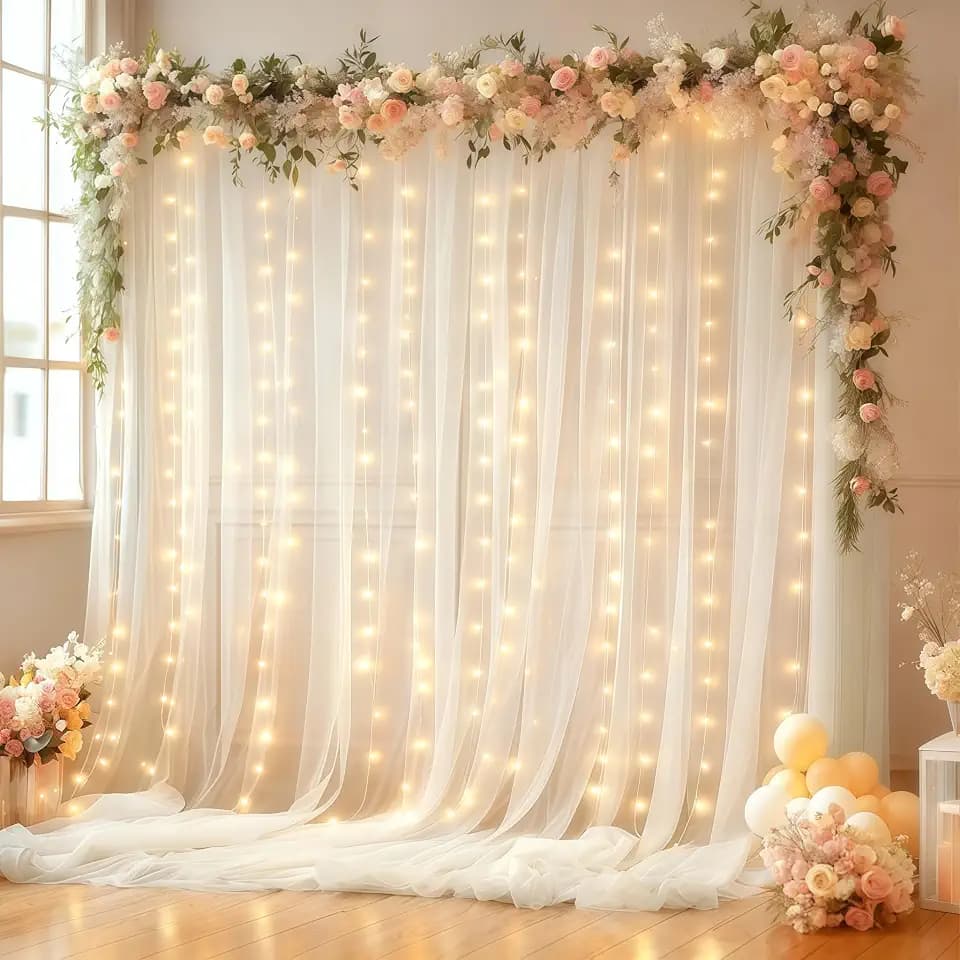 10x10FT White Wrinkle Free Backdrop Curtains with Lights String for Parties - Photo Curtain Backdrop with Lights for Wedding Decorations, Bridal Baby Shower Birthday Party Photography Background