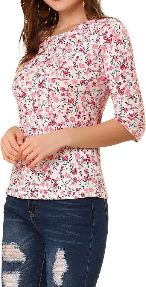 Allegra K Women's Elbow Sleeves Top Round Neck Tee Casual Printed T-Shirt